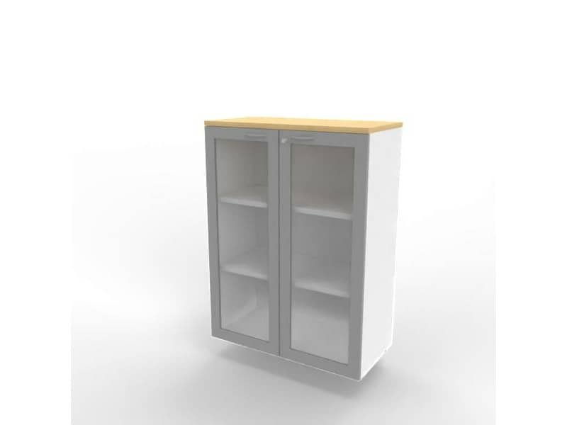 Armadio medio ante vetro telaio MDF, top faggio scocca bianca 90x45xH.123,2 cm Practika Quadrifoglio – ECEM90T-FA-BA-V3