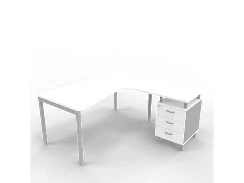 Scrivania con cassettiera a destra piano bianco 160x165xH.75 cm gamba a ponte in acciaio argento PractikaP3 ECSPT17D-BA-A