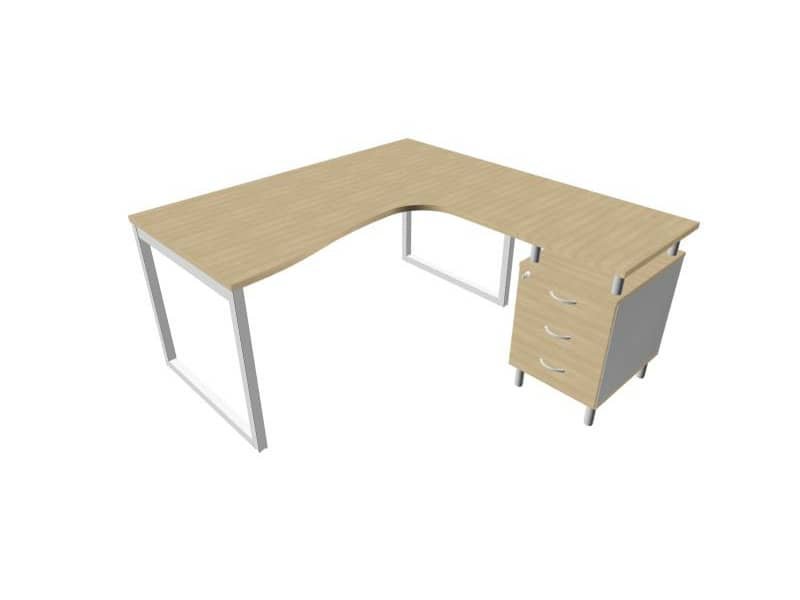 Scrivania con cassettiera a destra piano rovere 160x165xH.75 cm gamba ad anello acciaio argento PractikaP2 ECSAT17D-RK-A