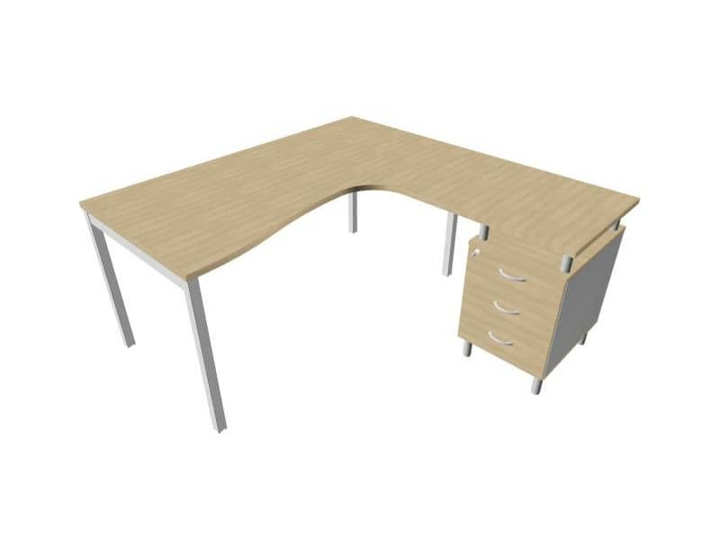 Scrivania con cassettiera a destra piano rovere 160x165xH.75 cm gamba a ponte in acciaio argento PractikaP3 ECSPT17D-RK-A
