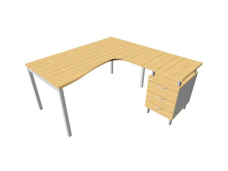 Scrivania con cassettiera a destra piano faggio 160x165xH.75 cm gamba a ponte in acciaio argento PractikaP3 ECSPT17D-FA-A