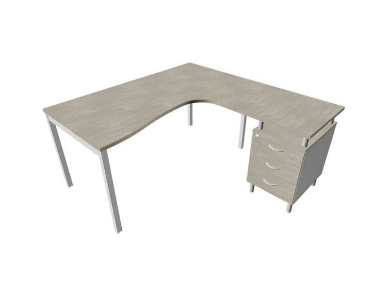 Scrivania con cassettiera a destra piano cemento 160x165xH.75 cm gamba a ponte in acciaio argento PractikaP3 ECSPT17D-CL-A
