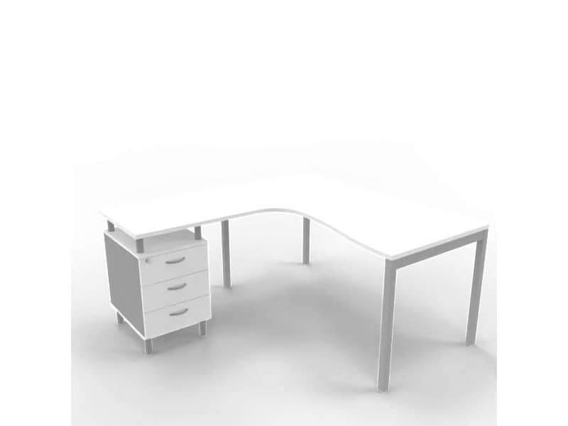 Scrivania con cassettiera sinistra piano bianco 160x165xH.75 cm gamba a ponte in acciaio argento PractikaP3 ECSPT17S-BA-A
