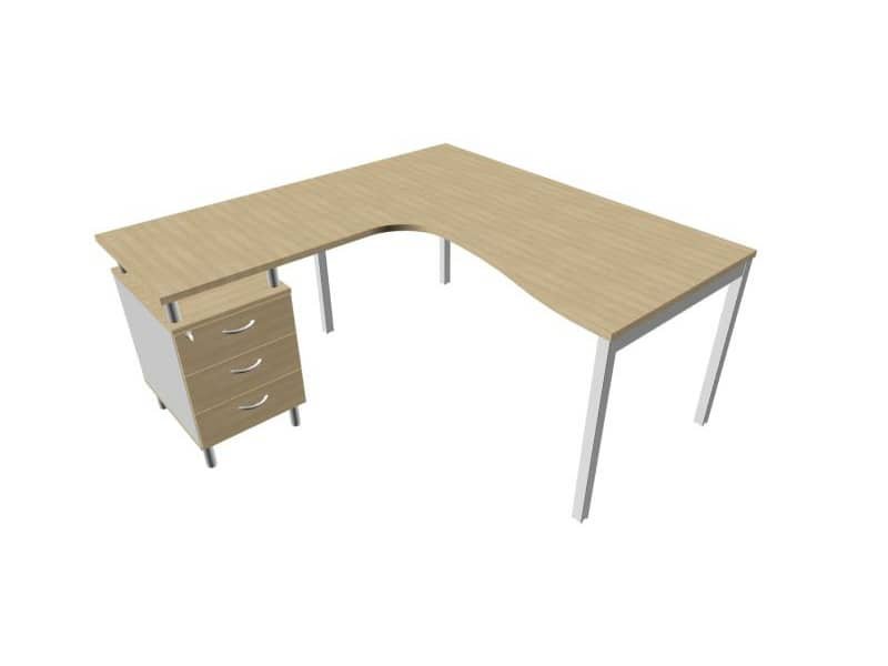 Scrivania con cassettiera sinistra piano rovere 160x165xH.75 cm gamba a ponte in acciaio argento PractikaP3 ECSPT17S-RK-A