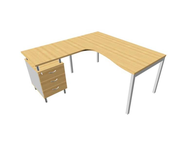 Scrivania con cassettiera sinistra piano faggio 160x165xH.75 cm gamba a ponte in acciaio argento PractikaP3 ECSPT17S-FA-A