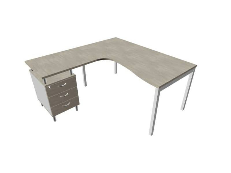 Scrivania con cassettiera sinistra piano cemento 160x165xH.75 cm gamba a ponte in acciaio argento PractikaP3 ECSPT17S-CL-A