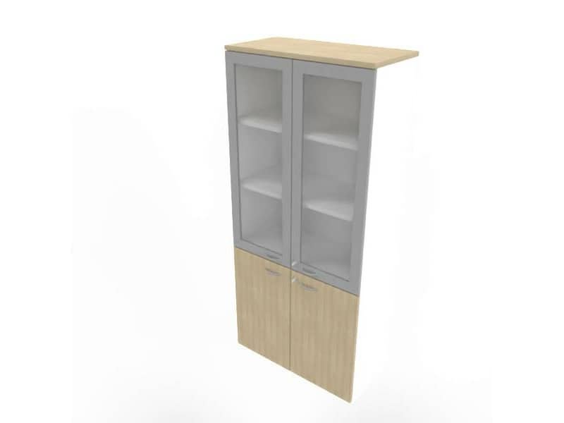 Armadio alto con ante basse rovere e alte in vetro telaio MDF scocca bianca 90x45xH.200 cm – ECE490T-RK-BA-V3