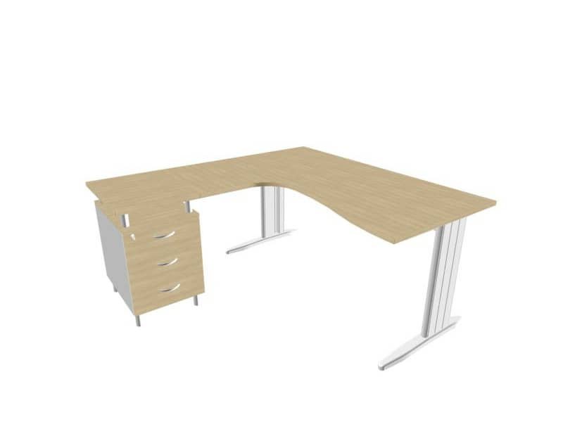 Scrivania con cassettiera a destra piano rovere 160x165xH.75 cm gamba a L acciaio argento linea Practika P1 ECSMT17D-RK-A