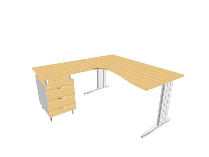 Scrivania con cassettiera a destra piano faggio 160x165xH.75 cm gamba a L acciaio argento linea Practika P1 ECSMT17D-FA-A