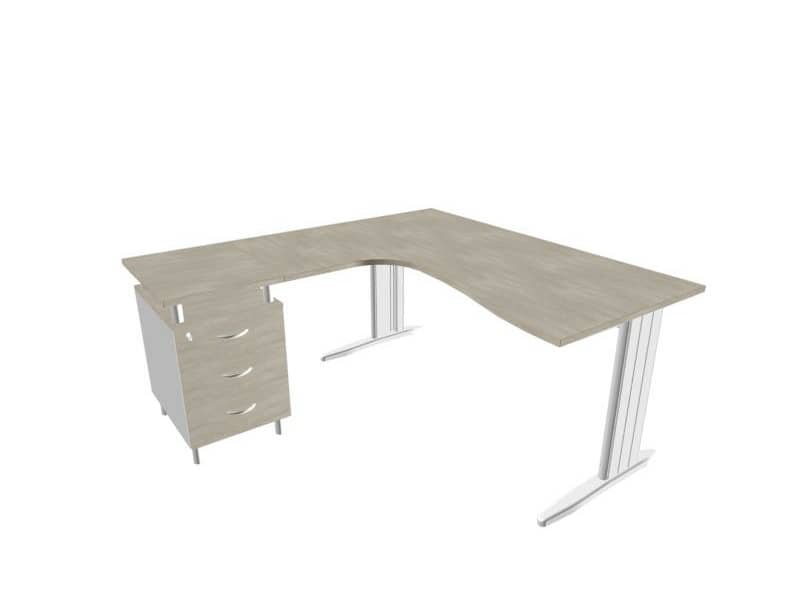 Scrivania con cassettiera a destra piano cemento 160x165xH.75cm gamba a L acciaio argento linea Practika P1 ECSMT17D-CL-A