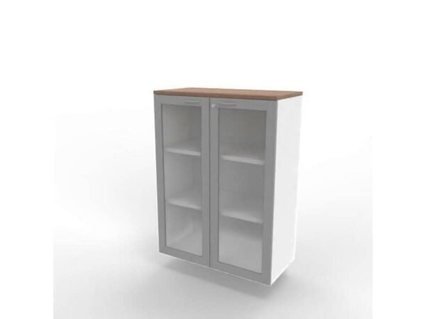 Armadio medio ante vetro telaio MDF, top noce canaletto scocca bianca 90x45xH.123,2 cm - ECEM90T-NO-BA-V3