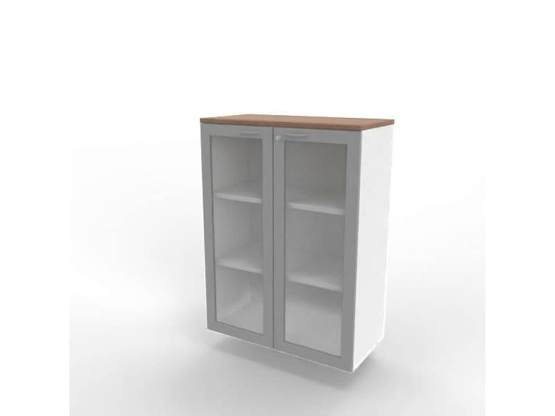 Armadio medio ante vetro telaio MDF, top noce canaletto scocca bianca 90x45xH.123,2 cm – ECEM90T-NO-BA-V3