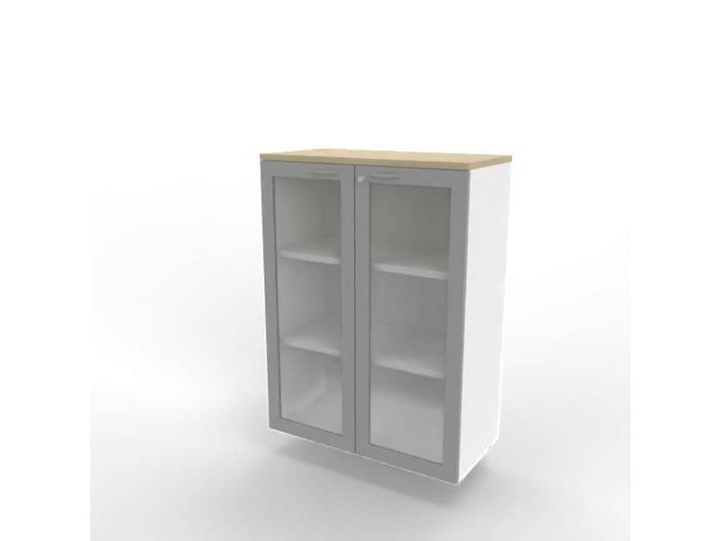 Armadio medio ante vetro telaio MDF, top rovere scocca bianca 90x45xH.123,2 cm Practika Quadrifoglio – ECEM90T-RK-BA-V3