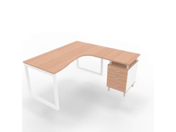Scrivania con cassettiera a destra piano noce canaletto 160x165xH.75 cm gamba ad anello acciaio bianco Practika P2