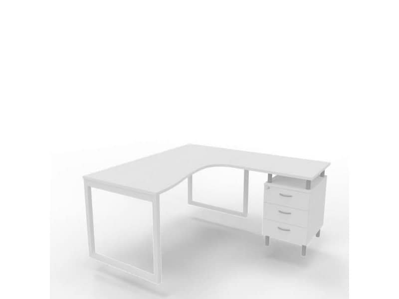 Scrivania con cassettiera a destra piano bianco 160x165xH.75 cm gamba ad anello acciaio bianco Practika P2 ECSAT17D-BA-I