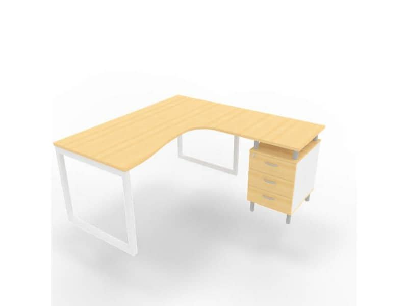 Scrivania con cassettiera a destra piano faggio 160x165xH.75 cm gamba ad anello acciaio bianco Practika P2 ECSAT17D-FA-I
