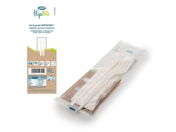 Set 2 posate bianche coltello + forchetta con tovagliolo in PLA BIO - IlipBio conf. da 250 pezzi - 81003