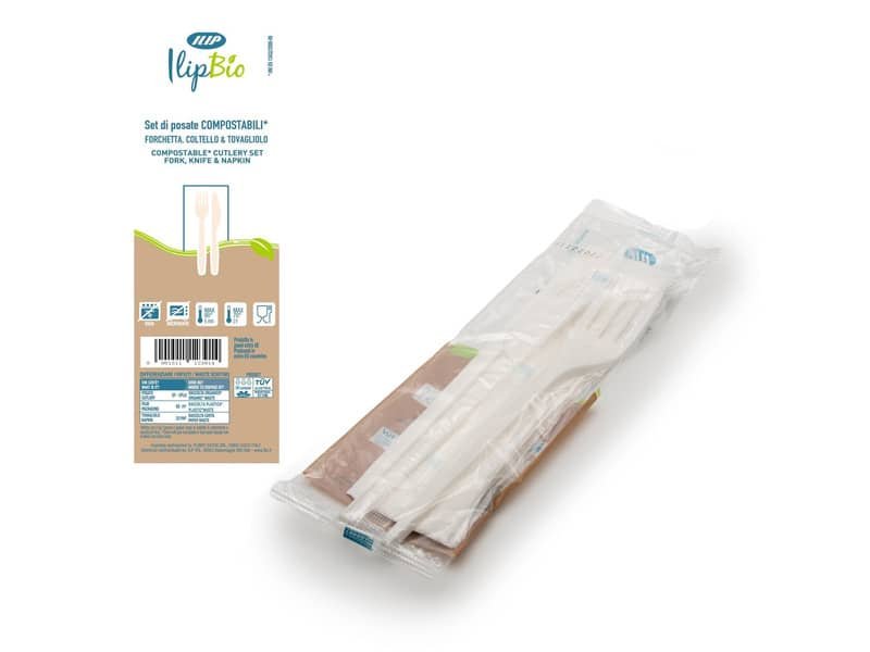 Set 2 posate bianche coltello + forchetta con tovagliolo in PLA BIO – IlipBio conf. da 250 pezzi – 81003