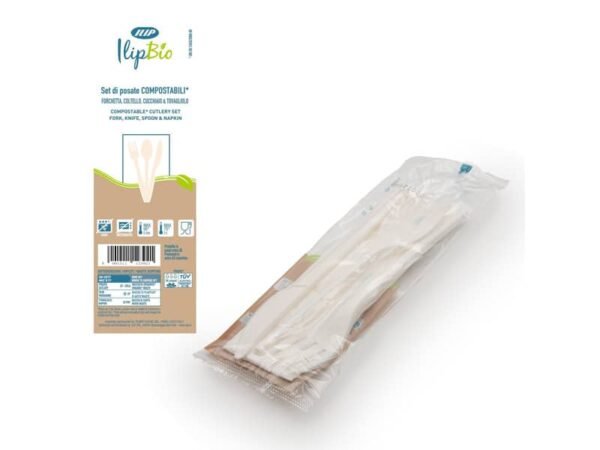 Set 3 posate bianche coltello + forchetta + cucchiaio con tovagliolo in PLA BIO IlipBio conf. da 200 pezzi 81004