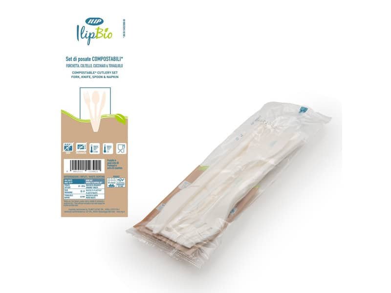 Set 3 posate bianche coltello + forchetta + cucchiaio con tovagliolo in PLA BIO IlipBio conf. da 200 pezzi 81004