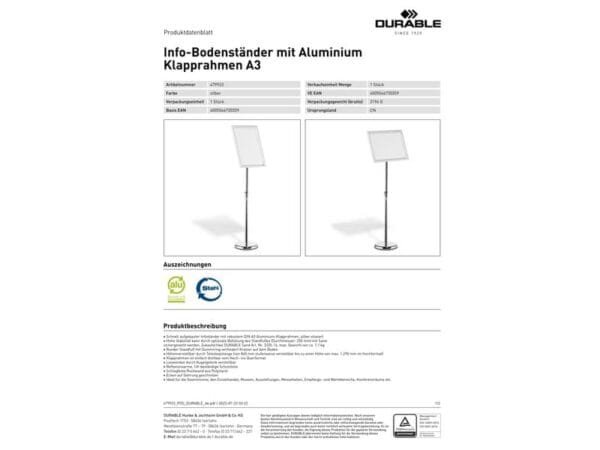 Espositore da pavimento Durable con cornice a scatto in alluminio formato A3 4799-23