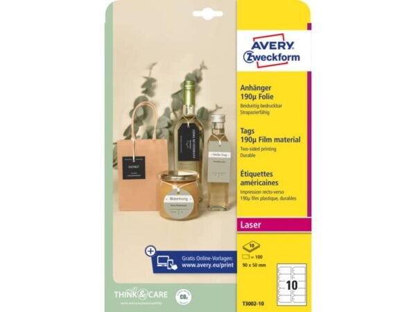 Cartellini micro-perforati Avery ultraresistenti in plastica da 190æ rettangolari in conf. da 100 pz T3002-10