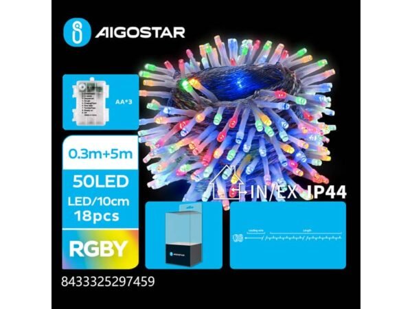 Catena luminosa a batteria Aigostar per interni ed esterni con lampadine piatte multicolore 50 led 5 m - 297459