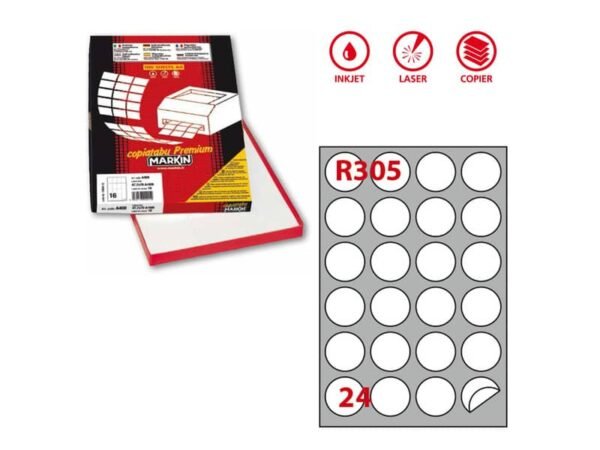 Etichette permanenti rotonde Copiatabu R305 bianco Laser/inkjet - 24 et./foglio - cf. 100 fogli Markin 40 mm