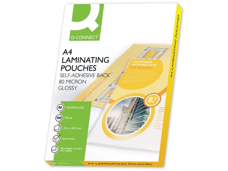 Pouches autoadesive per plastificatrici 2×80 æm finitura lucida A4 Q-Connect conf. 100 pezzi – KF11414