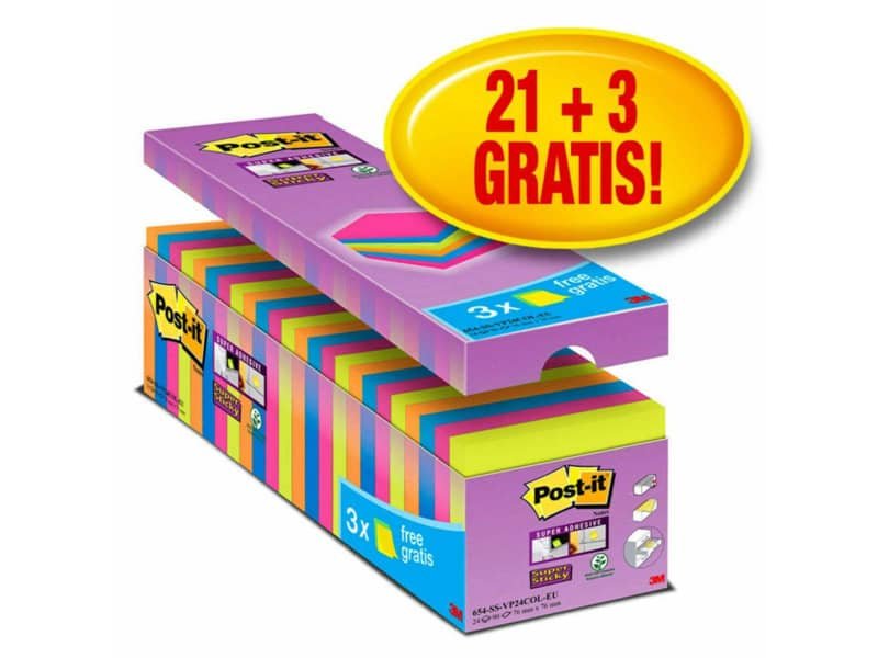 Foglietti Post-it© Super Sticky 76×76 mm colori assortiti neon Value Pack 21+3 blocchetti GRATIS – 654-P24SSCOL-EU