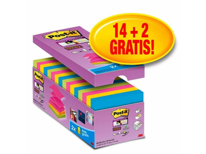 Foglietti Post-it© Super Sticky Z-notes assortiti conf. 14 blocchetti + 2 gratis da 100 ff – R330-SS-VP16-EU