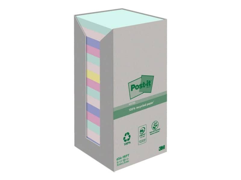 Foglietti Post-it© Notes carta riciclata 76x76mm assort pastello Torre da 16 blocchetti da 100 ff – 654-1RPT