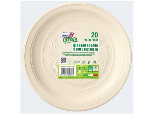 Piatti piani in Mater-BI Dopla Green avorio conf. 20 pz piani  205 mm 11796