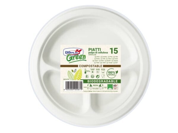 Piatti in polpa di cellulosa  Dopla Green bianco conf. 15 pz 3 scomparti  254 mm - 7744