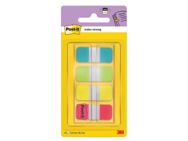 Segnapagina removibili Post-it© Index Strong Mini con dispenser - 4 blocchetti da 10 ff - turchese-lime-giallo-rosso