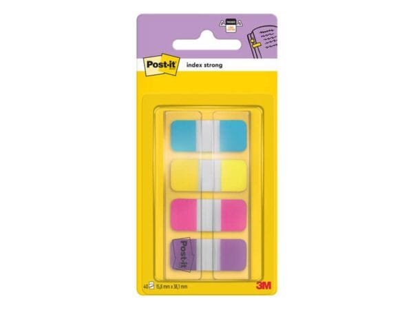 Segnapagina removibili Post-it© Index Strong Mini con dispenser - 4 blocchetti da 10 ff - turchese-giallo-rosa-viola