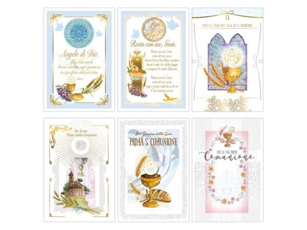Biglietti augurali Prima Comunione Biembi 12x18 cm conf. da 6 pezzi assortiti - Comunione con portasoldi -