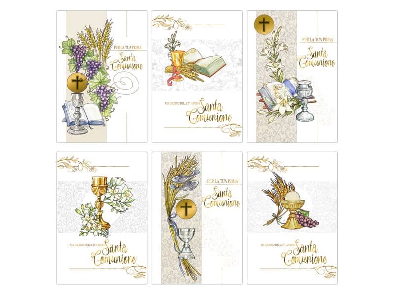 Biglietti augurali Prima Comunione Biembi Oro 12×18 cm conf. da 6 pezzi assortiti – Comunione – BXBDKTC01