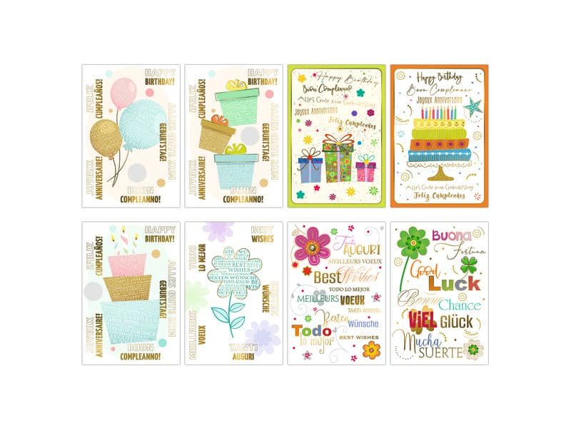 Biglietti augurali Biembi Compleanno 12×18 cm conf. 8 pezzi assortiti – multilingua – BXBDKTC08