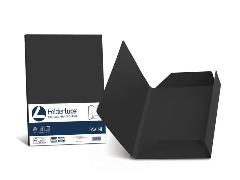 Cartellina 3 lembi Favini Folder Luce&Acqua 200 g/mý 24,5×34,5cm conf.25 nero – A50A434