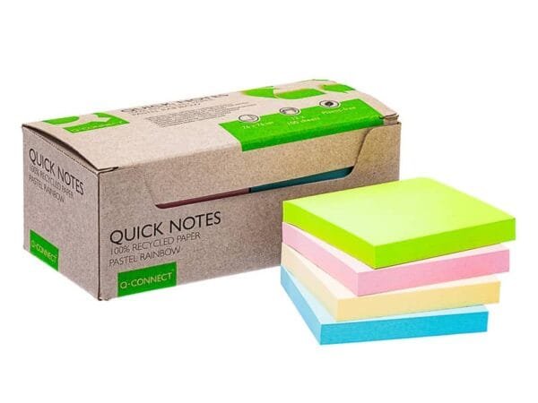 Foglietti riposizionabili riciclati Q-Connect colori assortiti arcobaleno pastello conf. 12 blocchetti da 100