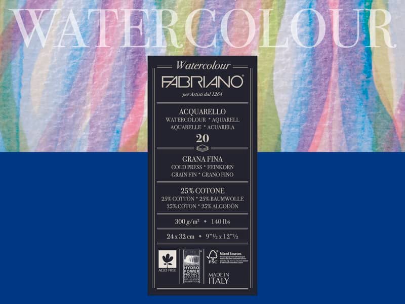 Blocco collato Fabriano Watercolour grana fine 20 fogli 24×32 cm – 300 g – 73612432