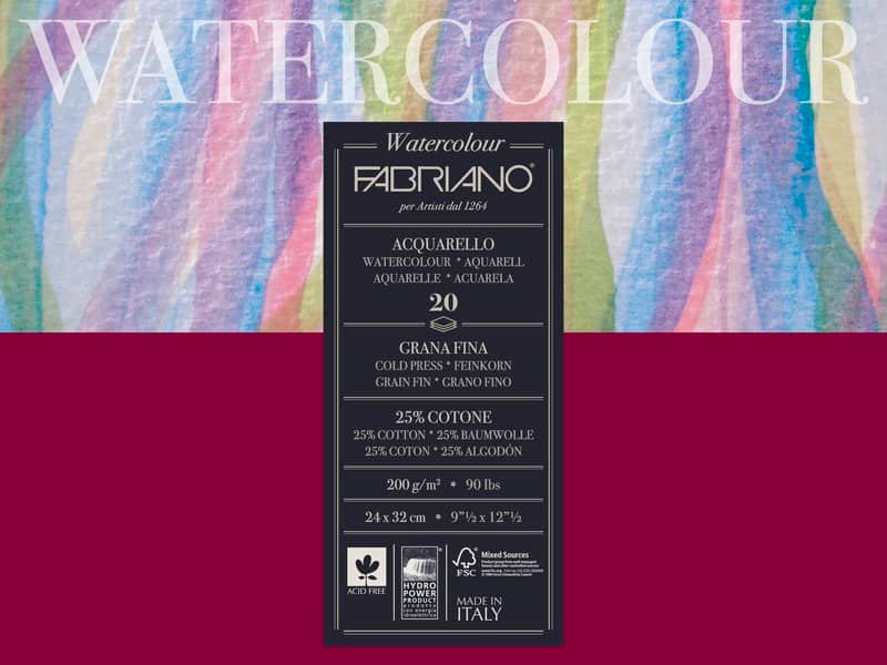 Blocco collato Fabriano Watercolour grana fine 20 fogli 24×32 cm – 200 g – 72612432