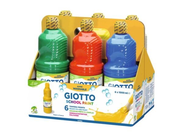 Tempera pronta Giotto School Paint in flacone 1 L - conf. da 6 colori assortiti - F530900