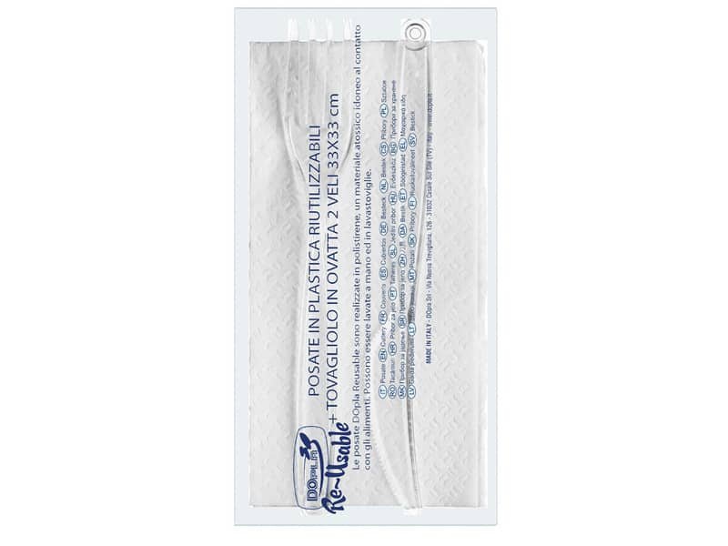 Set 2 posate Dopla Professional reuse in polistirene con tovagliolo conf. 100 pz. Trasparente set 2 posate + tovagliolo –
