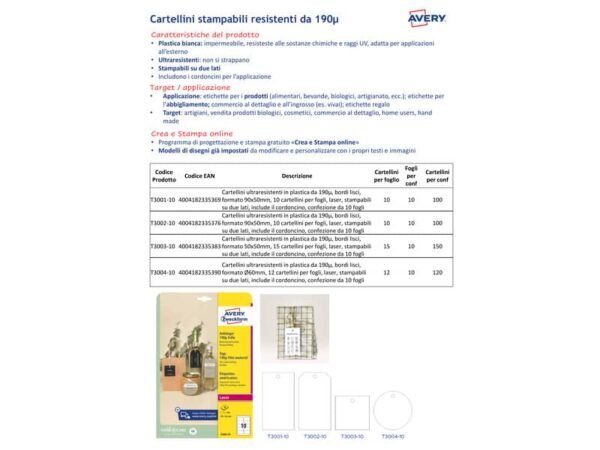 Cartellini micro-perforati Avery ultraresistenti in plastica 190æ tondi bordi lisci in conf. da 120 pz T3004-10