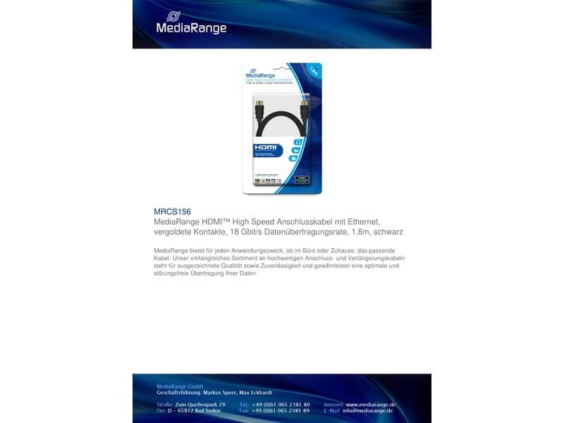 Cavo di collegamento Media Range HDMI ad alta velocità con Ethernet contatti dorati 18 Gbit/s 1,8mt – MRCS156
