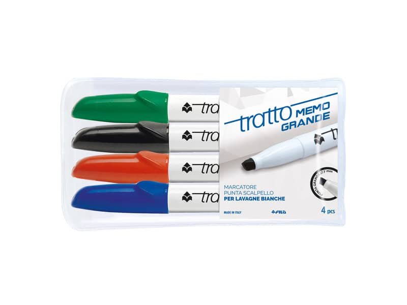 Marcatore per lavagne bianche Tratto Memo p. scalpello – conf. da 4 colori assortiti – F852200