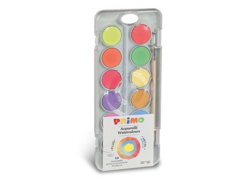 Acquerelli speciali Primo  30 mm in conf. da 12 colori fluo e metallizzati assortiti – 115A12FM