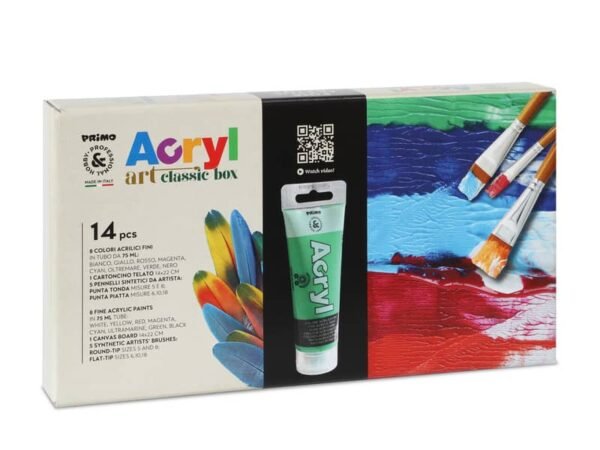 Colore acrilico Primo in bottiglia PET con tappo dosatore 75 ml 8 colori assortiti + 5 pennelli assortiti -
